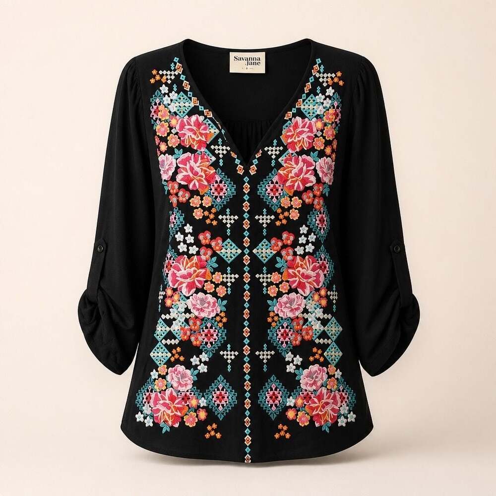 Savanna Jane Black Floral Embroidered V-Neck Roll Tab Sleeve Blouse Size L - Picture 2 of 8